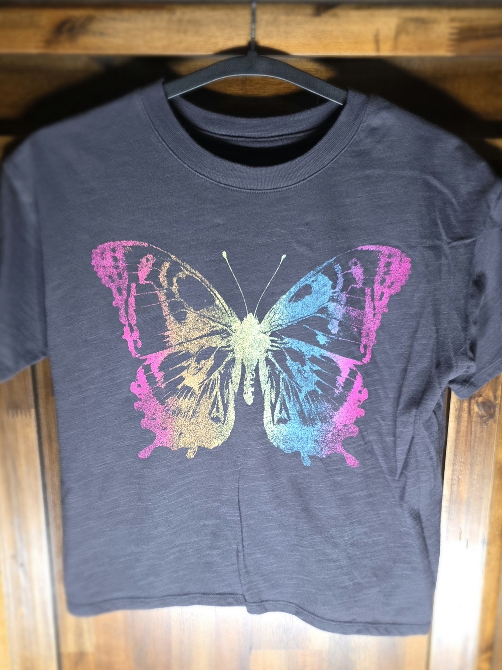SO Girls Short Sleeve Boxy Tee, Charcoal Black with Rainbow Butterfly Print